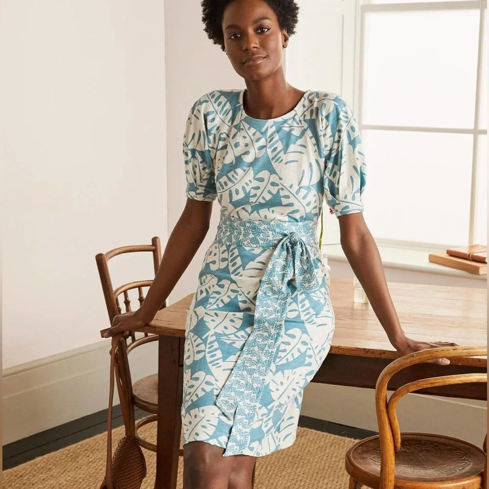 Boden Amanda Belted Jersey Dress Heritage Blue, Banana Leaf size 8
